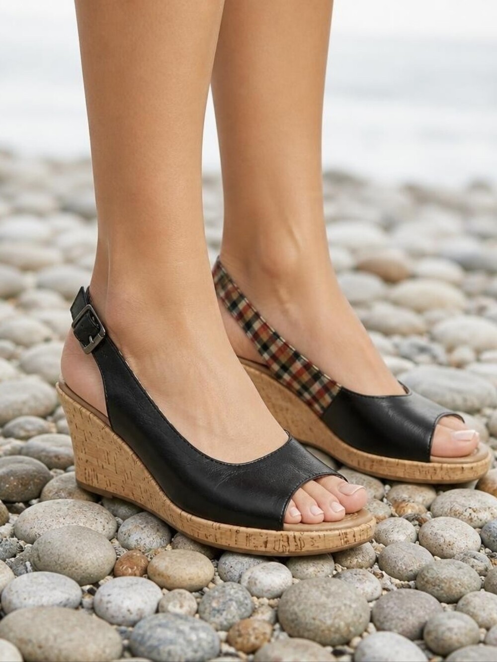 CROCS Black Leather Peep Toe Wedge Sandals Comfort With Cork